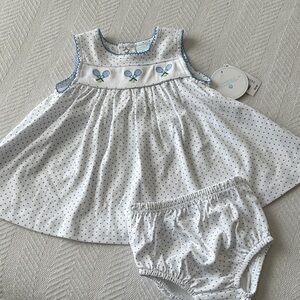 Edgehill Collection White and Blue Polka Dot Dress